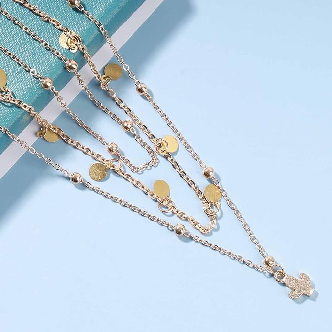 Boho Layered Disc Coin Necklace Choker Gold Cactus Pendant Necklace Stacking Satellite Chain Necklace Vintage Multilayer Necklace Chain Jewelry for Women and Girls Gifts-VivaGrace Women