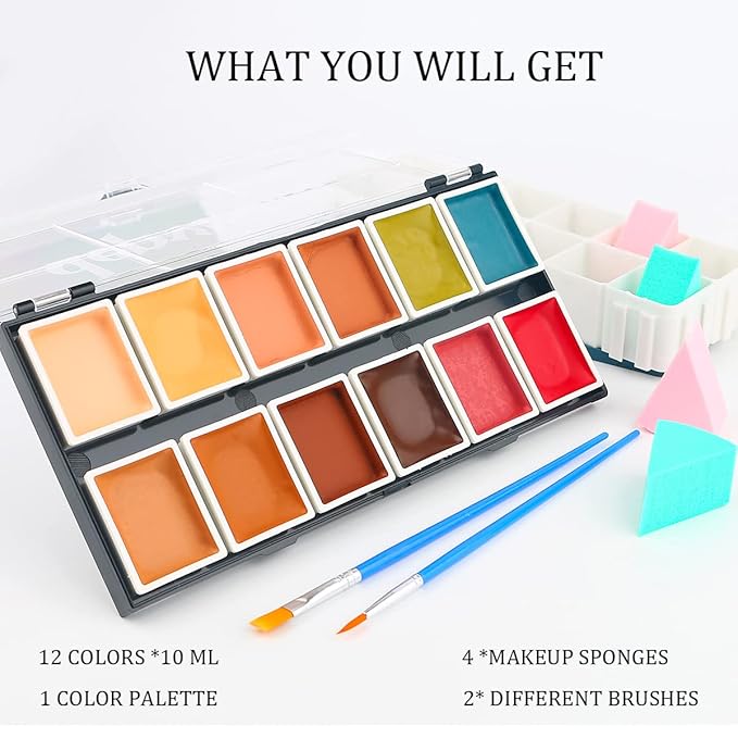 Depvision SFX 12 Color Flesh Tone Alcohol Activated Makeup Palette for Special Effects,Waterproof Skin Tone FX Makeup for Professional Makeup Artists Cosplay Halloween Theatrical Makeup-VivaGrace Women