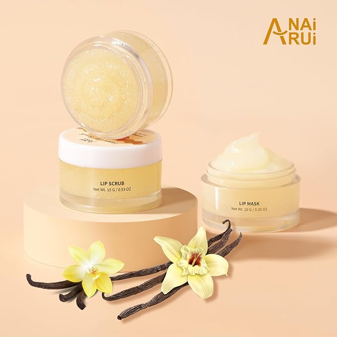 ANAI RUI Lip Mask and Scrub Set, Lip Sleeping Mask & Lip Exfoliator/Scrub for Exfoliating & Lip Overnight Treatment, Lip Care Gift Kits for Dry, Chapped & Dark Lips, Reduce Fine Lines, Vanilla-VivaGrace Women
