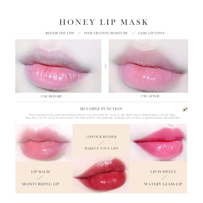 Honey Lip Balm Pot, Honey Lip Sleeping Mask Overnight 24HR Repair Lip, Moisturizing Lip Mask Honey Lip Balm Pot with Wand Hydrate Nourish Prevent Chapped Lips Lip Scrubs Exfoliator-VivaGrace Women