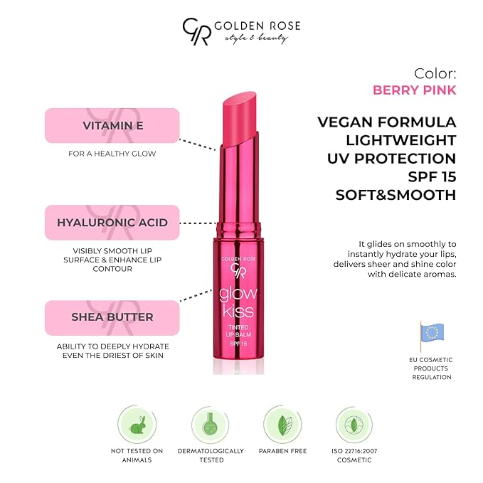 Golden Rose Cosmetics Glow Kiss Tinted Lip Balm with SPF15, Vegan Formula (Berry Pink)-VivaGrace Women
