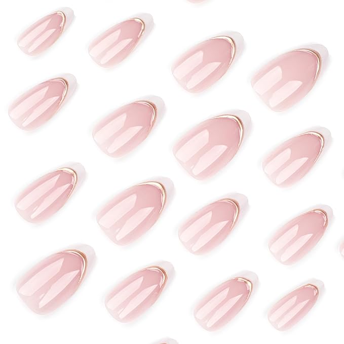 French tip Press On Nails Short almond 30 Pcs, Gold French Tips Designer Reusable Acrylic Fake Nails with Glue, Soft Gel Nails Wedding and Party, Stick On Glue On Nails, Nails for Women