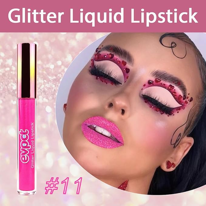 evpct 1Pcs Hot Pink Glitter Metallic Shimmer Diamond Lipstick Lip Gloss for Women Long Lasting Waterproof, Light Bright Rose Pink Sparkle Glitter Matte Liquid Lipstick Lip Makeup Kit, 11#-VivaGrace Women