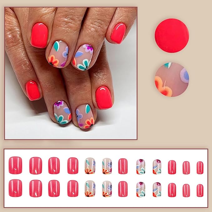 Short Press on Nails Square Fake Nails with Cute Flower Press Ons Design Acrylic Nails Orange Red Glossy Glue on Nails Full Cover Coffin False Nails Daisy Artificial Stick on Nails for Women 24Pcs