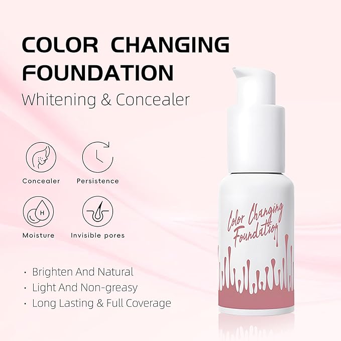 Color Changing Foundation Liquid, Skintone Matching Foundation, Full Coverage, Long Lasting, Lightweight Coverage, Oil Free and Silicon Free, Double Wear, Lightening, Sweat and Water Resistant-VivaGrace Women