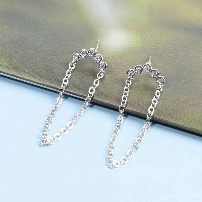 Boho Rhinestone Circle Studs Earrings Silver Cz Hoop Drop Earrings Circle Tassel Dangle Earrings Drop Chain Earrings Jewelry for Women and Girls Gifts-VivaGrace Women