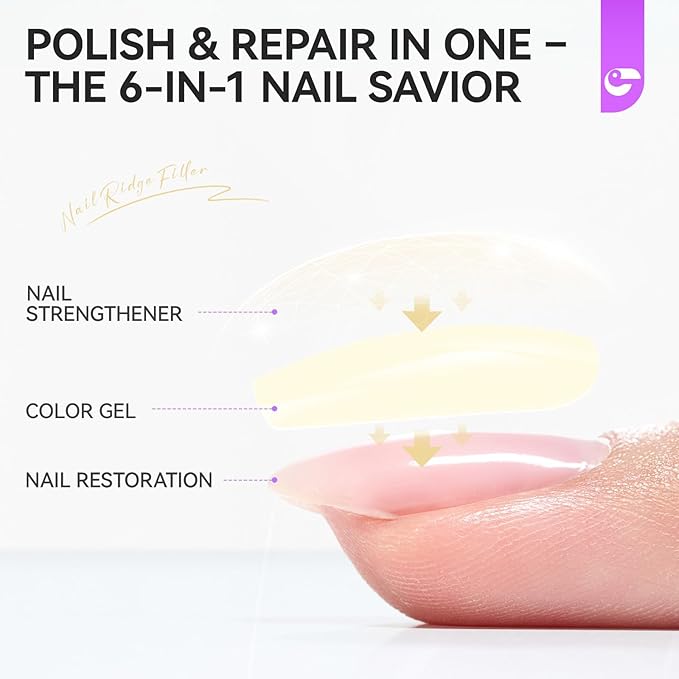 Nail & Toes Polish Strengthener and Growth: Apricot 15ml Gelike EC 6 in 1 Natural Nail Hardener Extra Strong and Growth - Long Lasting Nail Repair for Damaged Nails - For Daily Work Home Salon