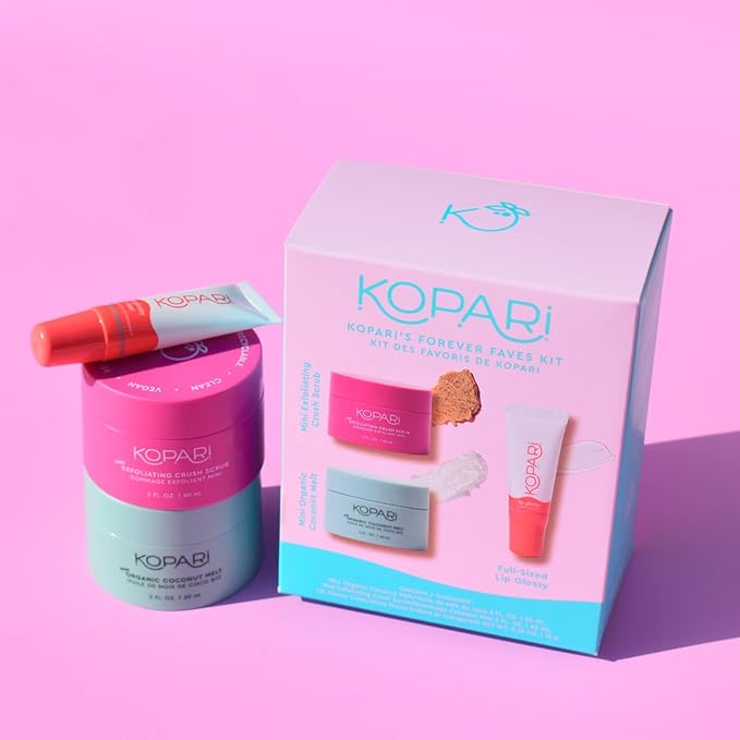 Kopari Forever Faves Bundle | Mini Organic Coconut Melt, Exfoliating Mini Coconut Crush Scrub, Clear Moisturizing Lip Glossy | Body and Lip Kit to Soothe and Hydrate Dry Skin | Cruelty Free, Vegan-VivaGrace Women