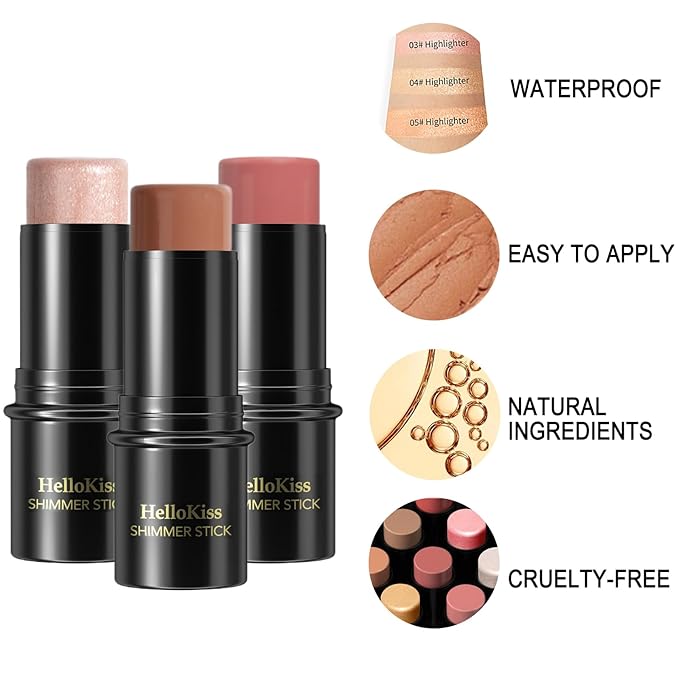 3Pcs Cream Contour Stick, with Highlighter Stick Bronzer Stick Blush Stick, Face Contour Stick Highlighter Makeup with Makeup Brush and Sponge for Sculpt the Cheeks, Long Lasting, Waterproof-VivaGrace Women