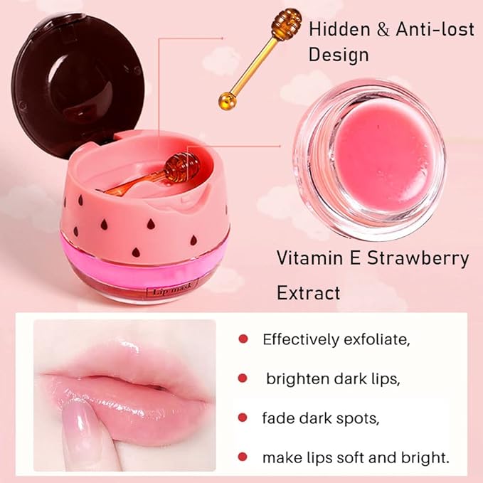 Bee Lip Balm Honey Pot, 2 PCS Strawberry & Honey Hydrating Prevention Dry and Cracked Lip Scrubs Exfoliator, Propolis Moisturizing Lip Sleep Mask Reduces Lip Lines, Lip Exfoliating Honey Bee Lip Mask-VivaGrace Women