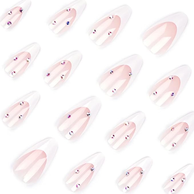 White French Tip Press on Nails Medium Glue on Nails Almond with Rhinestone Designs Glossy False Nails Nude Reusable Acrylic Stick on Nails for Women Girls Manicure Gift 24pcs