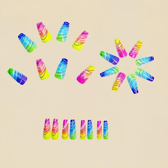 Coffin Press on Nails Medium Length Fake Nails Multicolor False Nails with Designs Full Cover Glue on Nails Press ons Sparkly Artificial Nails Cute Stick on Nails for Women 24Pcs