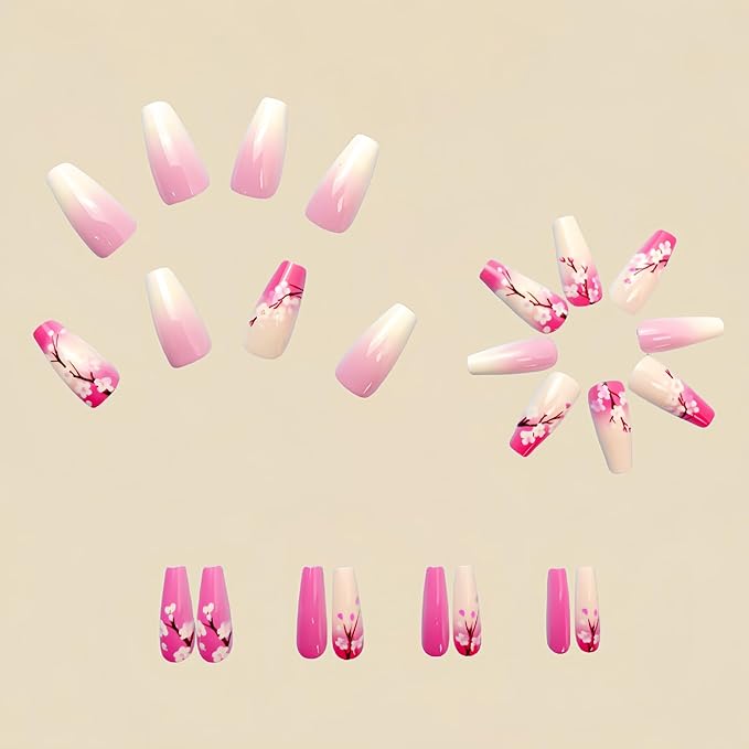 Press on Nails Medium Coffin Fake Nails with Flower Designs Nude Pink Gradient Full Cover Stick on Nails Purple Artificial Acrylic Nails for Women and Girls