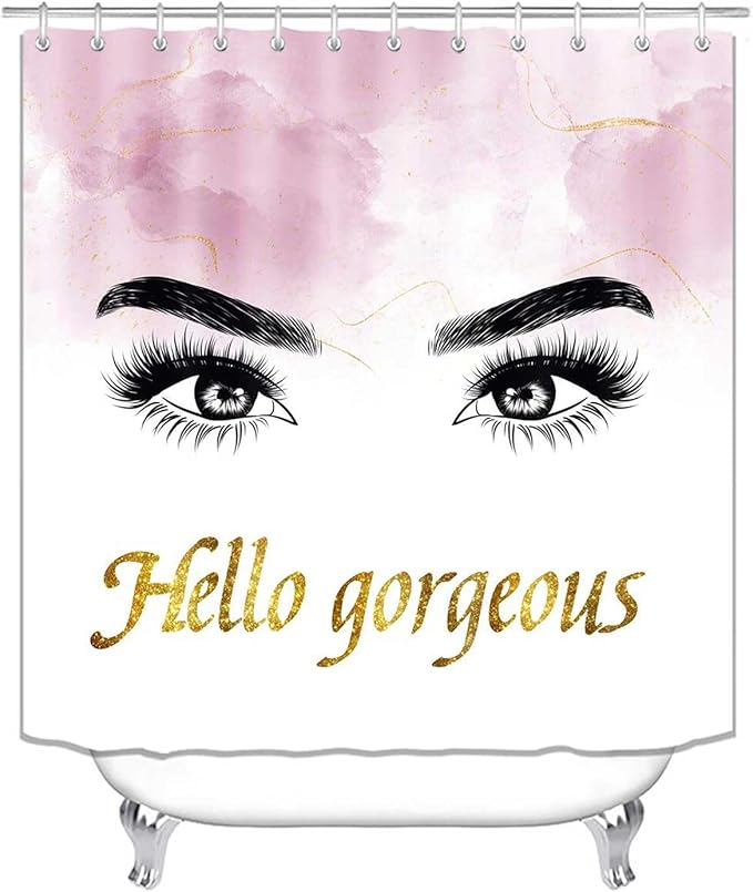 4PCS Hello Gorgeous Eyelash Shower Curtain Set, Gold Glitter Quotes Black Eyebrow Makeup Pink Marble Glam Modern Fashion Girly Women Bathroom Decor, Non-slip Bath Mat Toilet Rug, Charming Eyes-VivaGrace Women