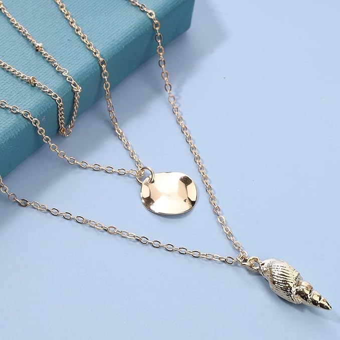 Bohemia Layered Seashell Necklace Choker Gold Coin Disc Pendant Necklace Chain Conch Shell Necklace Handmade Beachy Necklace Jewelry for Women and Girls-VivaGrace Women