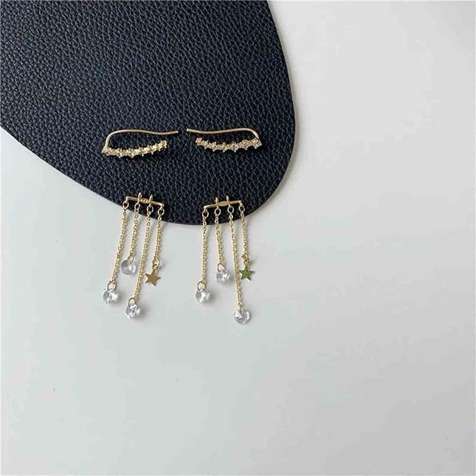 Boho Star Ear Jacket Earrings Gold Cz Star Ear Climber Earrings Crystal Chain Tassel Earrings Crystal Ear Crawler Long Chain Earrings Jewelry for Women and Girls Gifts-VivaGrace Women