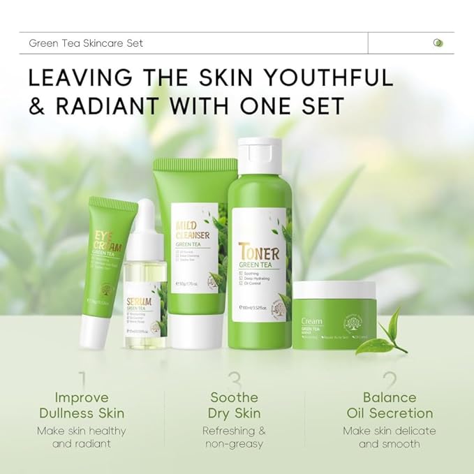 Skin Care Set, Green Tea Skin Care Sets & Kits, Skin Care for Teenage Girls Gift Set with Cleanser, Toner, Serum, Eye Cream, Facial Cream, Facial Skin Care Sets & Kits for Teenage Girls Women-VivaGrace Women