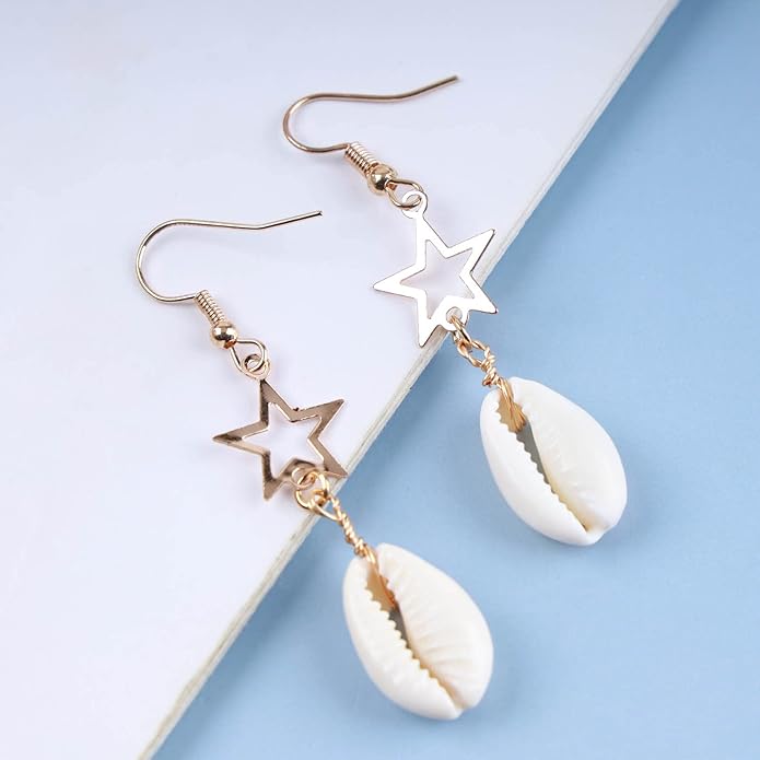 Vintage Cowrie Drop Earrings Puka Shell Dangle Earrings Gold Star Dangling Earrings Hollow Star Earrings Jewelry for Women-VivaGrace Women