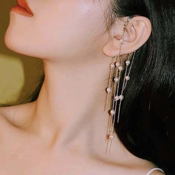 Boho Pearl Ear Wrap Earrings Gold Pearl Ear Cuff Earrings Long Drop Tassel Pearl Earrings Festival Gothic Earrings Non Piercing Ear Climber Cartilage Earrings Jewelry for Women and Girls-VivaGrace Women