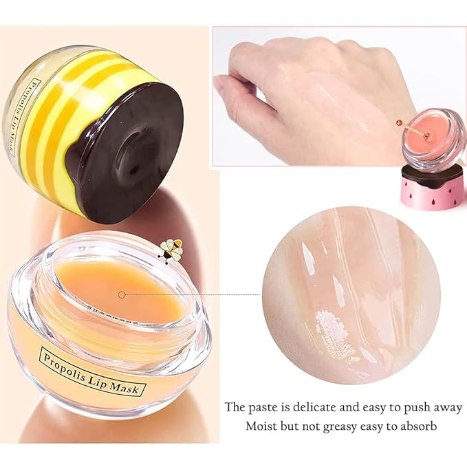 2PCS Bee Lip Balm Honey Pot & Strawberry Vitamin E Lip Sleep Masks Hydrating Prevention Dry and Cracked Lip Scrubs Exfoliator, Reduces Lip Lines,Lip Exfoliating Balm Sleeping Lip Mask-VivaGrace Women