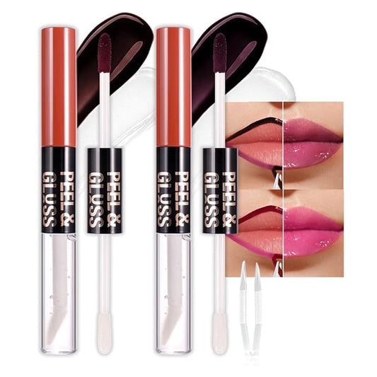 2Pcs Liquid Lip Stain Peel Off Lip liner and Lip oil with Tweezer, Dual-Ended Peel Off Lip Stain Tattoo, Highly Pigmented Long Lasting Waterproof, Transfer-proof for All Skin Types, 03#+05#-VivaGrace Women