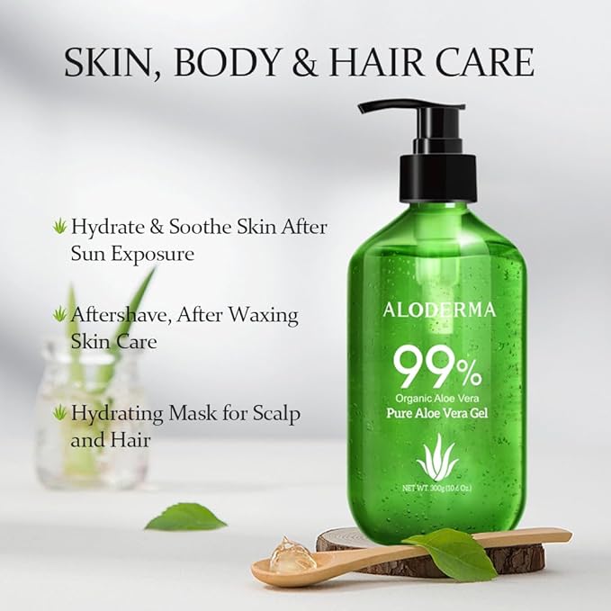Aloderma 99% Organic Aloe Vera Gel Made within 12 Hours of Harvest - Pump Bottle - Lightweight Aloe Gel for Face and Body, Soothing and Hydrating Sunburn Relief, Great for Scalp & Hair - 6 x 10.6oz-VivaGrace Women