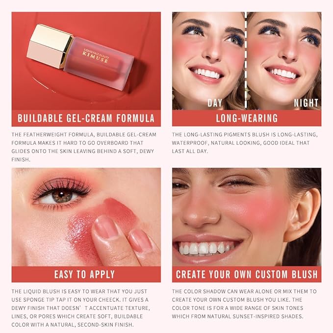 KIMUSE Soft Cream Blush Makeup, Liquid Blush for Cheeks, Weightless, Long-Wearing, Smudge Proof, Natural-Looking, Dewy Finish-VivaGrace Women
