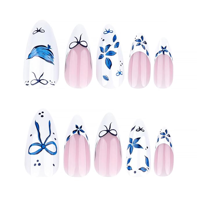 24Pcs Blue Flower Press on Nails Medium Almond French Tip Fake Nails with Bow Design White Glossy False Nails Full Cover Artificial Glue on Nails Spring Summer Stick on Nails for Women DIY Manicure