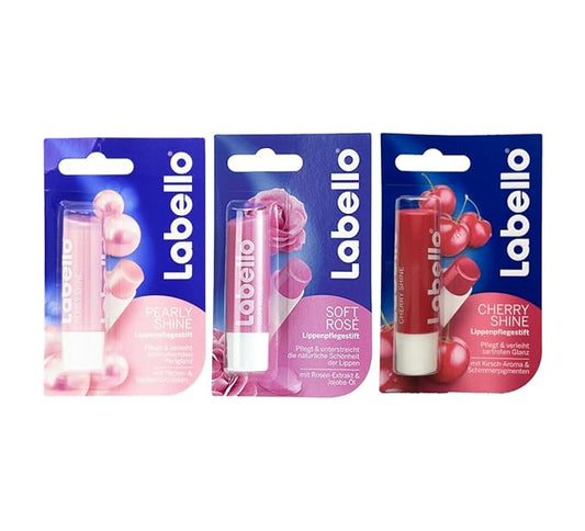 Labello Pearly Shine, Labello Soft Rose, Labello Cherry Shine Lip Balm Bundle-VivaGrace Women