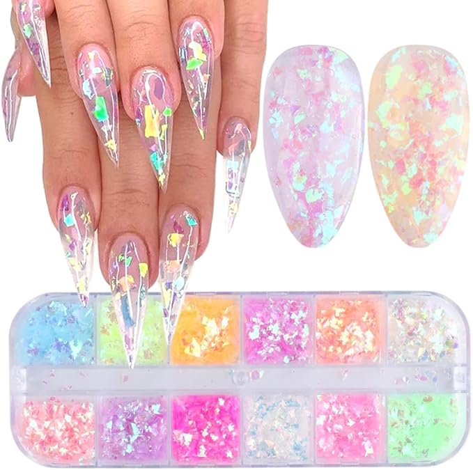 12 Colors Holographic Nail Art Glitter Sequins Iridescent Ice Slag Nail Glitter Laser Nail Art Flakes Colored Fluorescent Glass Paper Nail Sticker Decoration for Face Hand Body Make-Up DIY-VivaGrace Women