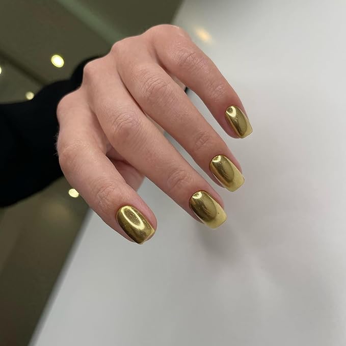 Gold Chrome Square Press on Nails Short Medium,KQueenest Mirror Metal Plating False Acrylic Nails Press Ons,Metallic Fake Nails,Natural Fit Glue on Nails Medium Length for Women