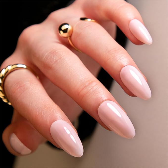 Pink Fake Nails Almond Press on Nails Medium Glossy Stick on Nails Cute Glue on Nails Acrylic False Nails for Women and Girls