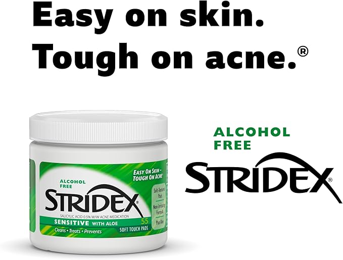 Stridex Medicated Acne Pads, Sensitive, 55 Count – Facial Cleansing Wipes, Alcohol Free Face Treatment, For Mild to Moderate, Smooth Application