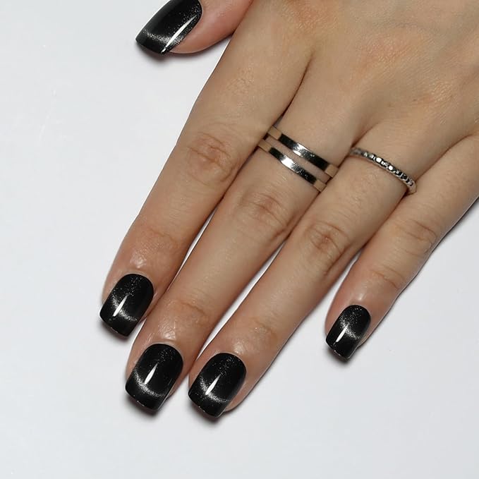 Gunmetal Silver Press On Nails Short Square,Cat Eye Fake Nails,Defined Smile Line Design with a Radiant Gloss Effect, Glossy Gel Finish Short Press On Nails, Thick Reusable Glue On Nails for Women