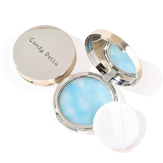 Blue Matte Powder Oil Control Face Pressed Powder Jelly Pressed Powder Face Makeup Setting Powder, Chillab Polvo Compacto with Mini Powder Puff, for Silky Blurring Oil Control Long-Lasting Makeup-VivaGrace Women