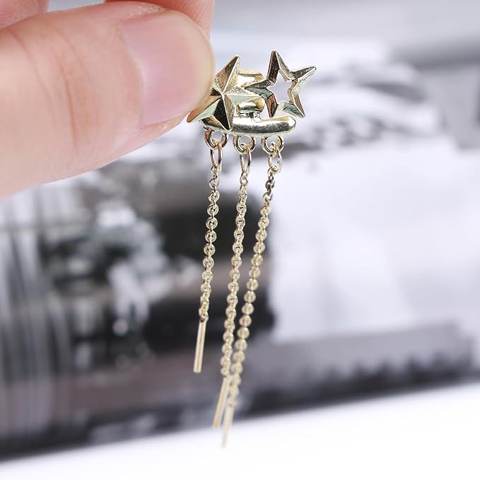 Boho Star Ear Jacket Earrings Gold Thin Bar Tassel Earrings Long Drop Chain Earrings Two Way Double Sided Earrings Jewelry for Women and Girls-VivaGrace Women