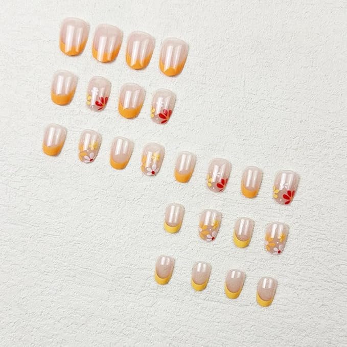 Flower Press on Nails Short Oval Fake Nails with Orange Yellow French Tip Design Glossy Nude Glue on Nails Spring False Nails Full Cover Reusable Summer Stick on Nails for Women Girls Manicure 24pcs