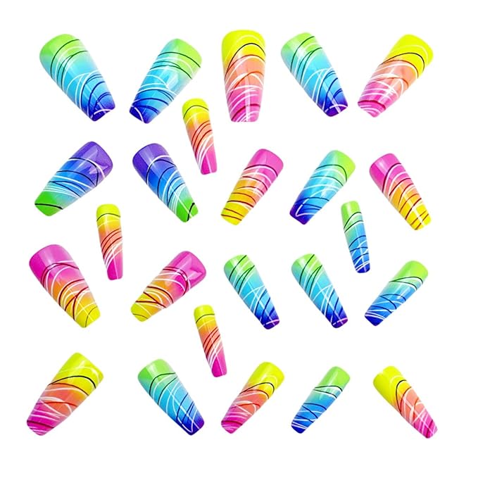 Coffin Press on Nails Medium Length Fake Nails Multicolor False Nails with Designs Full Cover Glue on Nails Press ons Sparkly Artificial Nails Cute Stick on Nails for Women 24Pcs