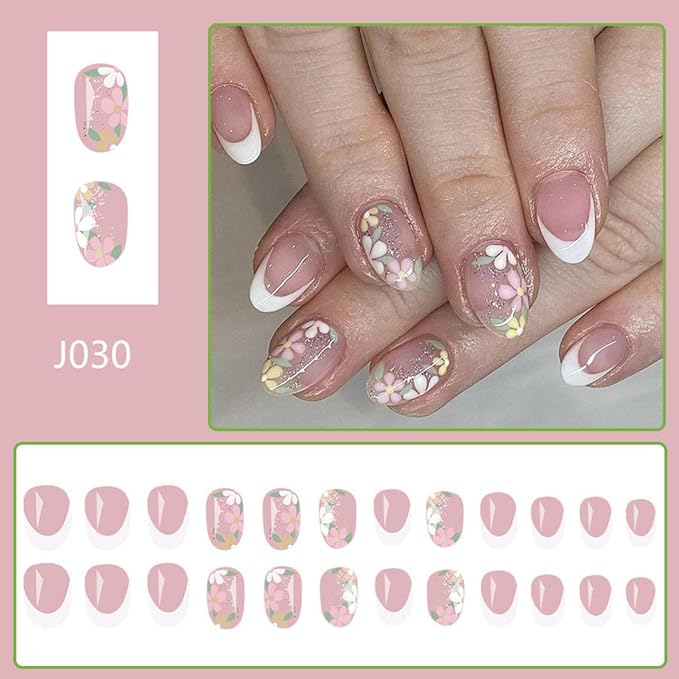 White French tips Press on Nails Medium Almond Fake Nails with Design White Flower Glue on Nails Glitter Glossy Spring Nails Reusable Summer False Nails for Women Girls Manicure 24pcs