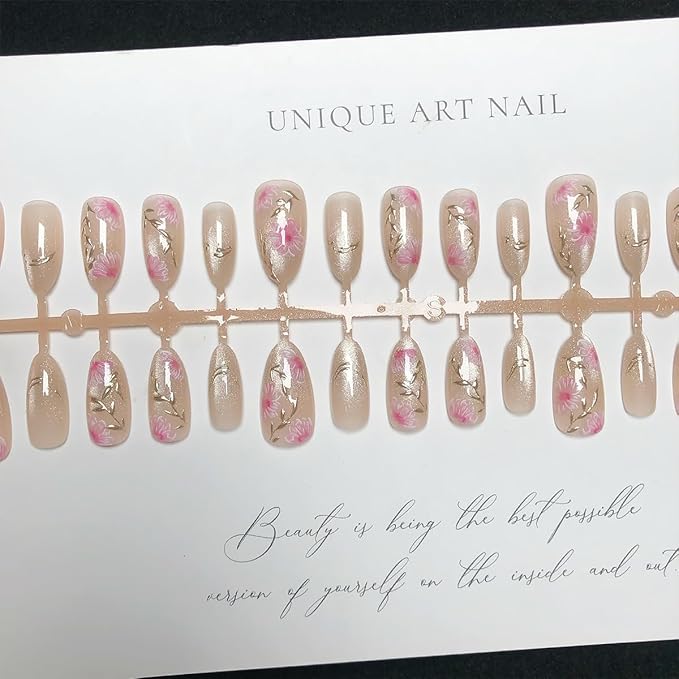 30Pcs Pink Flower Press on Nails Medium Almond Fake Nails with Gilding Branch Design 3D Full Cover Artificial Glue on Nails Spring Summer False Nails Cute Stick on Nails Handmade Nail Kit for Women
