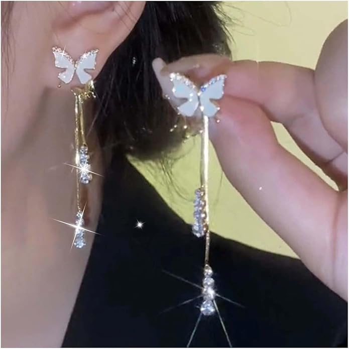 Vintage Crystal Butterfly Earrings Long Rhinestone Dangle Earrings Gold Chain Tassel Earrings Cz Butterfly Stud Earrings Jewelry for Women-VivaGrace Women