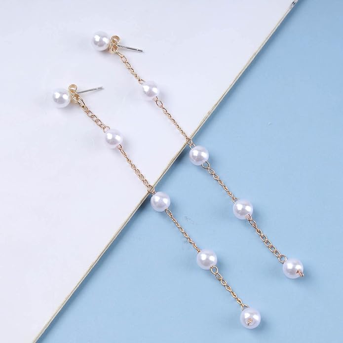 Boho Long Pearl Drop Earrings Vintage Gold Tassel Pearl Dangle Earrings Statement Pearl Chain Drop Dangle Earrings Wedding Prom Bridal Pearl Hook Earrings Jewelry for Women-VivaGrace Women