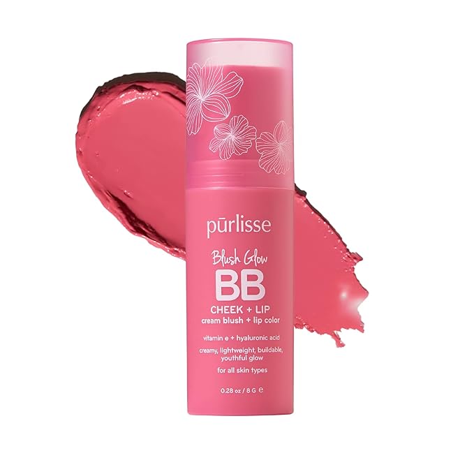 pürlisse Blush Glow BB Lip and Cheek Tint - Hydrating & Buildable 2-in-1 Cream Blush Stick for Cheeks & Lips - Formulated with Nourishing Vitamin E & Hyaluronic Acid - Pink Crush (.28 oz)-VivaGrace Women