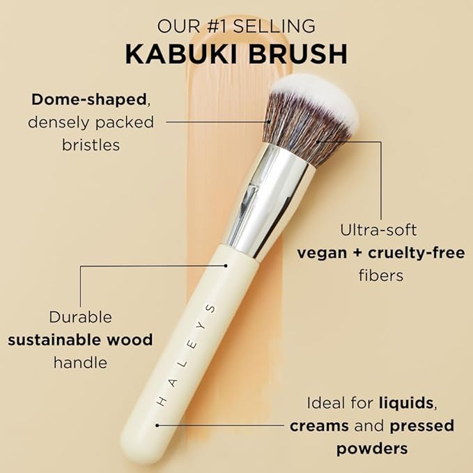 HALEYS Kabuki Makeup Brush + GWP Skin Tint Mini, VEGAN+CRUELTY-FREE, Sustainable Wood, Vegan Bristles for Airbrushed Finish, For Creams, Liquids, Powder, Streak-free, Perfect Blending, Buffs, Blurs-VivaGrace Women