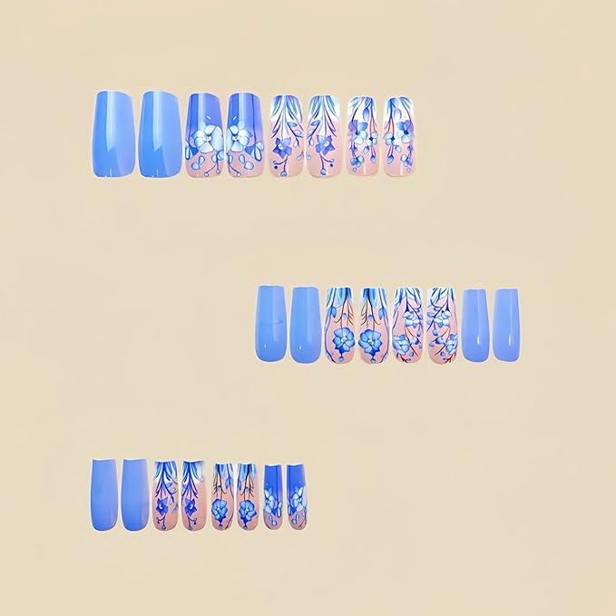 Blue Press on Nails Medium Square Fake Nails Floral False Nails for Women Glossy Acrylic Nails Spring Glue on Nails Blue Flower Stick on Nails Fake Nails Manicure Kit 24Pcs
