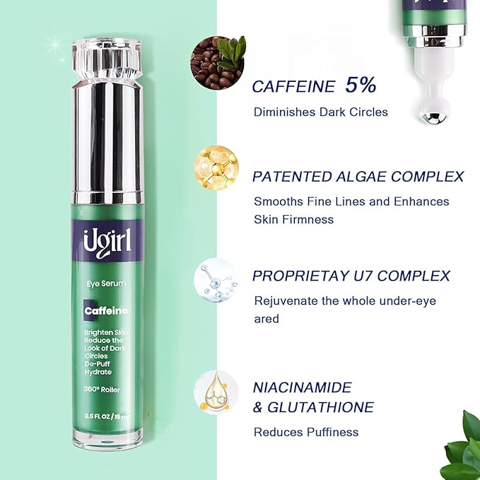 Eye Serum for Dark Circles, 5% Caffeine Under Eye Cream for Wrinkles, Morning Puffiness and Fine Lines, Deeply Repairs the Muscles Around the Eyes with 360°Massage Ball, 0.5 Fl Oz-VivaGrace Women