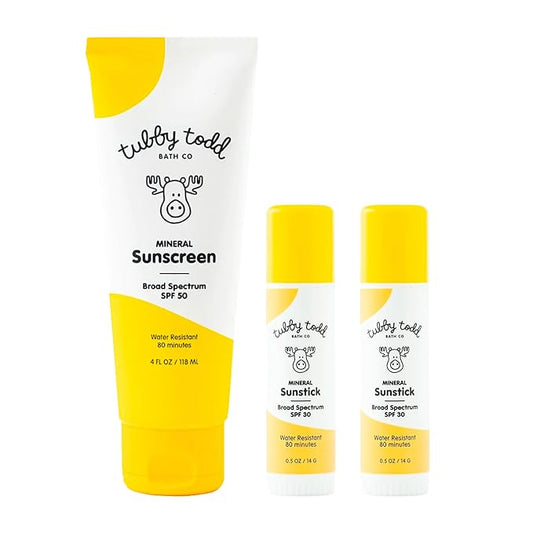 Tubby Todd Face and Body Mineral Sunscreen Kit for Baby, Toddler and Kids - Sunscreen 4 Fl Oz and Sunstick 0.5 Oz Duo Bundle - Fragrance-Free-VivaGrace Women