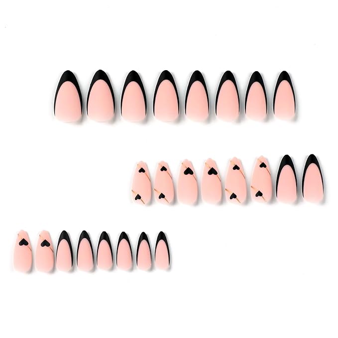 Black French Tip Press on Nails Medium Almond Fake Nails with Black Heart Design Gold Line Stick on Nails Glossy Acrylic Full Cover Glue on Nails Stiletto False Nail For Women Mother's Day Manicure