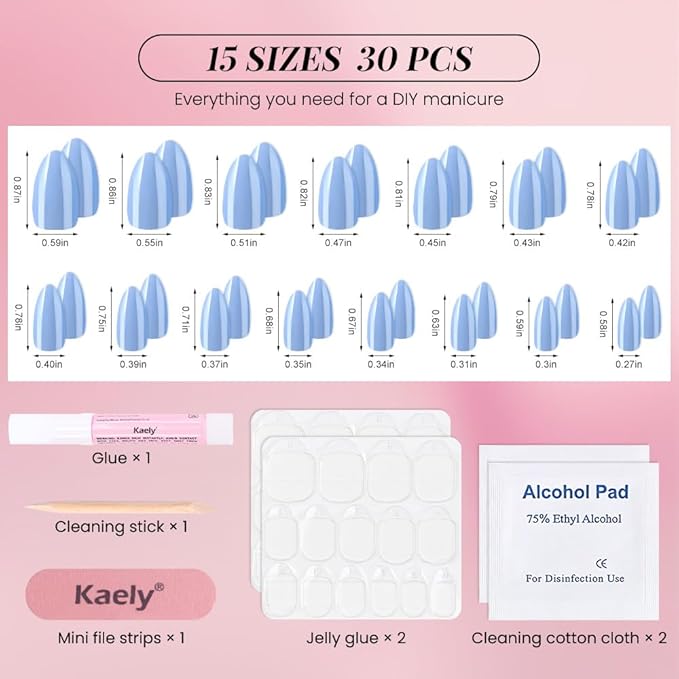 Aurora Chrome Blue Press On Nails Short Almond 30 Pcs, Designer Reusable Acrylic Fake Nails with Glue, Glossy Soft Gel Nails Wedding and Party, Stick On Glue On Nails, Nails fro Women Gift
