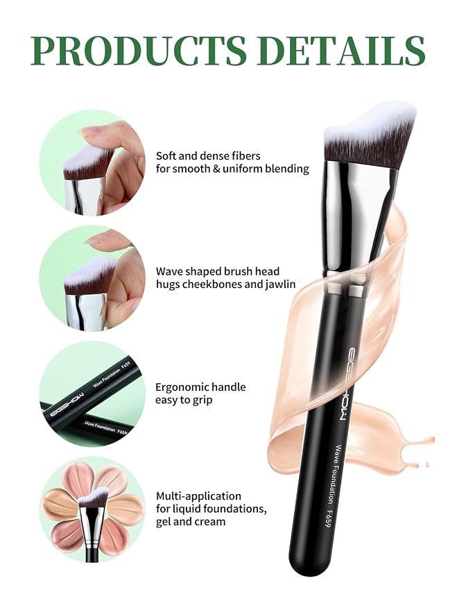 EIGSHOW Foundation Brush with Wave Shaped Head for Liquid, Cream, Powder Blending Cheekbones Jawline, Large Premium Dense Synthetic Bristles (F659)-VivaGrace Women